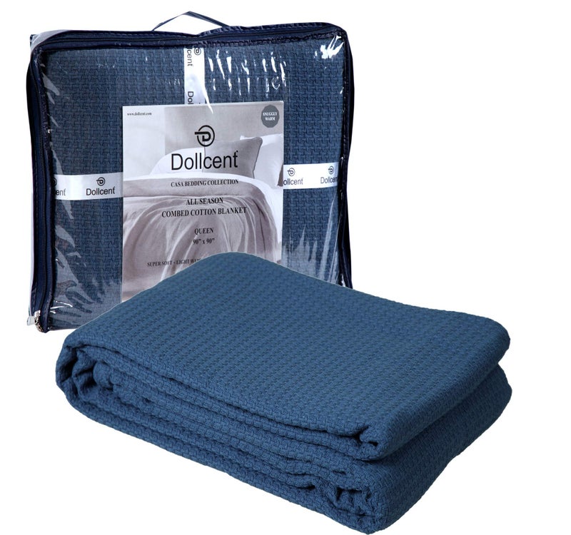 DOLLCENT 100% Cotton Queen Size Blanket for Bed, Premium Soft Combed Lightweight Blankets, Washed Breathable Cozy Bed Throw Blanket, Navy Queen Cotton Blankets for All Season: Navy (90"x90") - Image 1